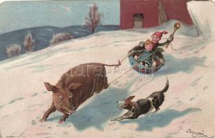 Pig sleigh, dog, children litho, artist signed, Malac szán, kutya, gyerekek, litho, művész aláírásával
