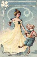 New Year, Lady dancing with pig litho (b)