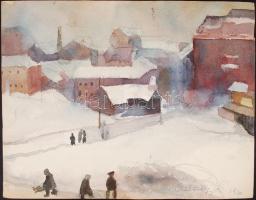 Ádámffy László (1902-?): Téli város. Akvarell, papír, jelzett, apró szakadással, két oldalas, 31×42 cm