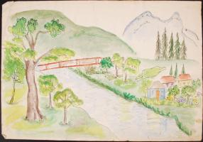 Mannheim Róza (1880-1965): Patakparti házikók. Akvarell, papír, szakadt, jelzett, 30×40 cm