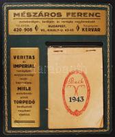 1943 Bp., Mészáros Ferenc motorkerékpár-, kerékpár- és varrógép nagykereskedő reklámos asztali naptára