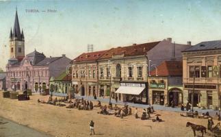 Torda, Fő tér, piac, Szilágyi, Botár Imre, Kovrig János, Amirás Géza és Sípos Gábor üzletei / square, market, shops (fl)