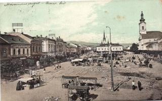 Máramarossziget, Fő tér, piac, Hönig József üveg és porcelán boltja, Farkas üzlete, Korona kávéház, Wizner & Dávid kiadása / square, market, glass and porcelain shop, cafe (EK)