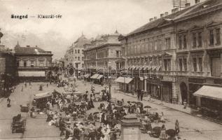 Szeged, Klauzál tér, piac, Seifmann Mór és fia üzlete, Árvay kávéház, gyógyszertár, bank