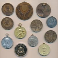 12db vegyes emlékérem és sportérem, közte "Gróf Lónyay Menyhért - Pénzügyminiszter 1867-1870 / A pénzügyminisztérium megalakulásának 125. évfordulójára" Br emlékérem (42,5mm) dísztokban, 1962. "Országos Erdészeti Kiállítás / Vadászati Kiállítás" br emlékérem (61mm) T:vegyes