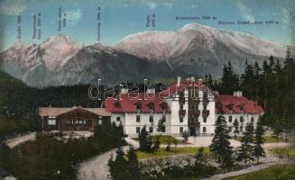 Tátra, Új-Csorbató, Móry szálloda, Kopki, Tengerszem, Tátra és Ferenc József csúcs, Oszterva, Tupa, Koncsúszta / hotel, mountain peaks (EK)