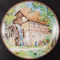 Történelmi vizimalmok jelzett gyűjtői porcelán tányér eredeti dobozában, tanúsítvánnyal, bontatlan / Watermills Collector porcelain plate in original box. d: 26 cm