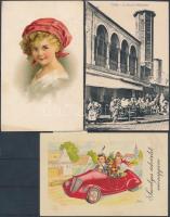 3 db RÉGI külföldi városképes és motívum lap (Tunis, folklór, névnap) / 3 old foreign town-view and motivecards; Tunis, folklore, name day