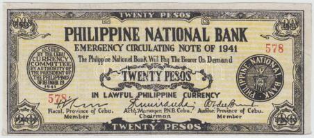 Fülöp-Szigetek/II. Világháborús megszállás alatti szükségpénz/Cebu 1941. 20P T:III Philippines/Treasury Emergency Currency Certificate/Cebu 1941. 20 Pesos C:F