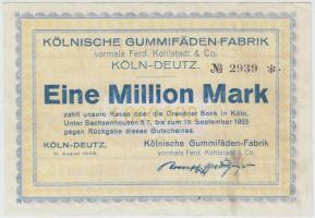 Német Birodalom / Weimari Köztársaság "Kölni Gumiszálgyár" 1923. 1.000.000M utalvány T:III Germany / Weimar Republic "Kölnische Gummifäden-Fabrik" 1923. 1.000.000 Mark voucher C:F