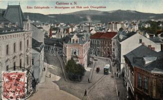 Jablonec nad Nisou, Gablonz; Gebirgstrasse, Mozartstrasse; Verlag Herm. Rössler / street corner