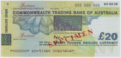Nagy-Britannia DN "Ausztrál Nemzetközösségi Kereskedelmi Bank" 20Ł "SPECIMEN" utazási csekk T:I Great Britain ND "Commonwealth Trading Bank of Australia" 20 Pounds "SPECIMEN" travellers' cheque C:UNC