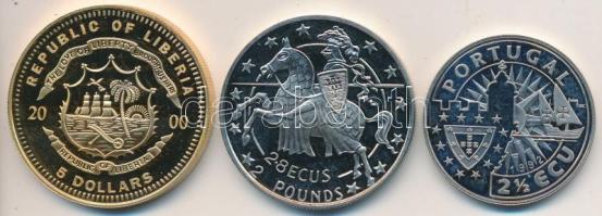 Libéria 2000. 5$ "ECU" + Portugália 1992. 2 1/2E "II. Joao" + Gibraltár 1992. 2.8E - 2P CuNi "II. Erzsébet" T:PP  Liberia 2000. 5 Dollars "ECU" + Portugal 1992. 2 1/2 Ecu "Joao II" + Gibraltar 1992. 2.8Ecu - 2 Pounds "Elizabeth II" C:PP