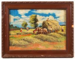 Havas jelzéssel: Betakarítás. Olaj, karton, sérült keretben, 23×32 cm