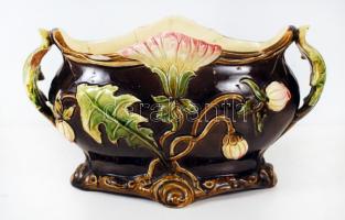 Jelzés nélküli szecessziós kaspó, sérült, csak formaszám, kézzel festett, 12×23 cm, m:14 cm