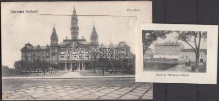 Győr, leporello képeslap a Batthyány térrel és református templommal; Hermann Izidor kiadása / leporellocard