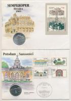 NDK 1985A 10M Ag "Semperoper" + 1986A 5M "Potsdam - Sanssouci" érmés borítékon alkalmi bélyegzős bélyegsorral T:1 GDR 1985A 10 Mark Ag "Semperoper + 1986A 5 Mark "Potsdam-Sanssouci" coin letter with stamp C:UNC