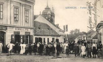 Szenice, Szenicz; Fortna utca, Pénztáregylet-Pokladnica, Schnell Pál kereskedése / street, bank, shop