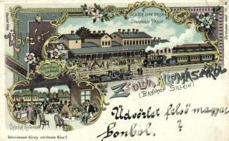 Zsolna, Császári és királyi Szab. Kassa-Oderbergi Vasútállomás, Pályaudvari vendéglő, kiadja Schwidernoch Károly műintézete / railway station, restaurant, Art Nouveau litho (EB)