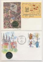 NDK 1983A 5M "Meissen" + 1989A 5M "Mühlhausen" érmés borítékon alkalmi bélyegzős bélyeggel és bélyegsorral T:1 GDR 1983A 5 Mark "Meissen" + 1989A 5 Mark "Mühlhausen" coin letter stamp and stamp set C:UNC