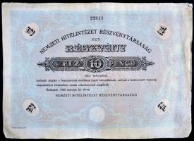 Budapest 1926. "Nemzeti Hitelintézet Részvénytársaság" részvénye 10P-ről, szárazpecséttel és szelvényekkel T:III