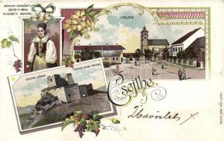 Csejte, várrom, Báthory Erzsébet, Brück Samu kiadása / castle ruins,  Elizabeth Báthory, Art Nouveau grapes floral litho