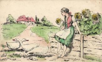 9 db magyar, grafikai folklór képeslap / 9 Hungarian folklore art postcards