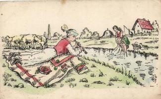 9 db magyar, grafikai folklór képeslap / 9 Hungarian folklore art postcards