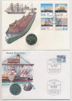 NDK 1988A 5M "Rostock" (2xklf) érmés borítékon alkalmi bélyegzős bélyeggel és bélyegsorral T:1 GDR 1983A 5 Mark "Rostock" (2xdiff) coin letter with stamp and stamp set C:UNC