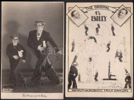 1933 L’Art fotó: Másfél Billy, apa és fia akrobatikus mutatványa, 2 db reklámfotó, a dedikált kép felületén törésnyomok, 17x11 cm