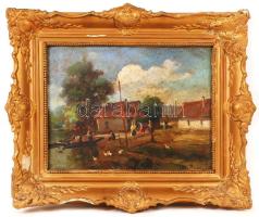 Jelzés nélkül: Falusi életkép. Olaj, karton, sérült keretben 30×45 cm