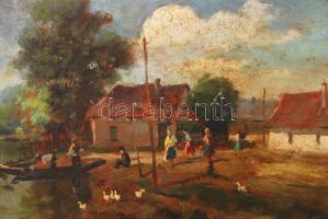 Jelzés nélkül: Falusi életkép. Olaj, karton, sérült keretben 30×45 cm