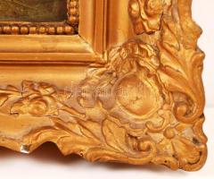 Jelzés nélkül: Falusi életkép. Olaj, karton, sérült keretben 30×45 cm