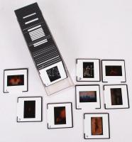 cca 1980-1990 Tendenciák az aktfényképezésben, 49 db esztétikus, finoman erotikus aktfotó különféle fényképészeti szaklapokból másolva, előadás illusztrációnak, keretezett kisfilmes diák, diatartó műanyag dobozban