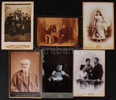 cca 1886-1930 Felvidéki fotótörténeti leletek, egy-egy kép Besztercebánya, Eperjes, Igló, Nyitra, Rimaszombat, Selmecbánya fényképész műtermeiből, kabinet fotók, némelyik feliratozva, 16x11 cm