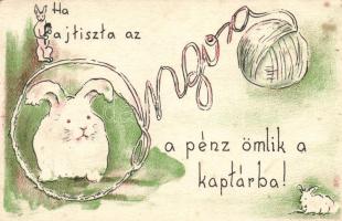 Ha fajtiszta az Angora, a pénz ömlik a kaptárba! Ezzel a levelezőlappal Ráduly Ervin marosvásárhelyi kaptáros diák díjat nyert a Horthy István Diákkaptár Szövetség levelezőlap pályázatán / Angora rabbit, advertisement (EK)