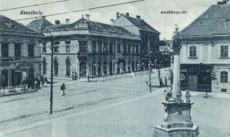 Keszthely, Andássy tér, gyógyszertár, Laskay István üzlete, cukrászda, Sujánszky József kiadása (EK)