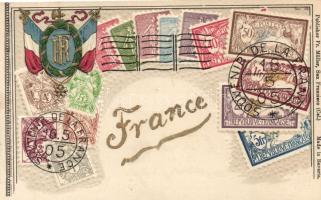 French stamps, coat of arm, golden decoration Emb. litho
