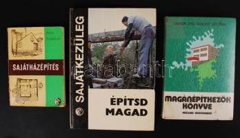 3 db építkezéssel kapcsolatos könyv-Árkai István-Tiefenbeck József: Sajátházépítés. Bp., 1962, Műszaki; Simon Pál-Walkó Zoltán: Magánépítkezők könyve. Bp., 1982, Műszaki. Belső címoldal hiányzik; Építsd magad. Bp., 1982, Műszaki. Papír és kartonált kötés, kissé kopottas állapotban.
