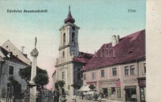 Szentendre, Főtér, templom, Weisz Márk és fia üzlete, Wuits István liszt, korpa, kukorica, zab raktára (EK)