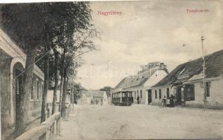 Budapest XXII. Nagytétény, Templom tér, villamos, Szakály Károly üzlete, Szakály Károly kiadása (Rb)