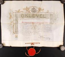 1914 Bp., A selmecbányai erdészeti államvizsgáló bizottság elnöksége által kibocsátott díszes erdőmérnöki oklevél függőpecséttel