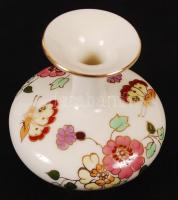Kézzel festett, virágmintás Zsolnay porcelán mini váza, hibátlan, jelzett, m: 8 cm