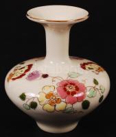 Kézzel festett, virágmintás Zsolnay porcelán mini váza, hibátlan, jelzett, m: 8 cm