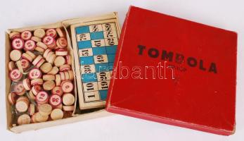 Régi Tombola társasjáték, hiányos, eredeti dobozába, 18×20 cm