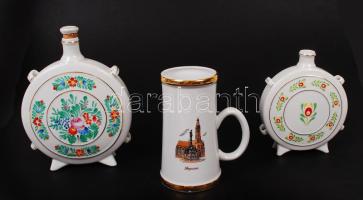 Hollóházi népi virágmintás porcelán kulacs dugóval, és dugó nélkül, Sopron korsó, hibátlan, jelzett, m: 20 cm, 15 cm, 14 cm