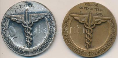 Matskássy Gyula (1912-1971) ~1938. "Bajnoki Érem / Magyar Pénzintézeti Sportegyletek Ligája" (2x) fém és bronz díjérem (40mm) T:2