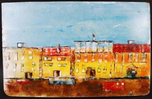 Jerzsabek László: Tűzoltóautó az utcán. Olaj, farost, 50×80 cm