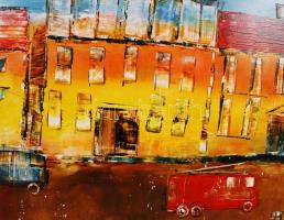 Jerzsabek László: Tűzoltóautó az utcán. Olaj, farost, 50×80 cm