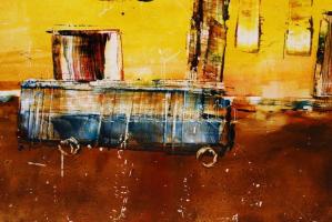 Jerzsabek László: Tűzoltóautó az utcán. Olaj, farost, 50×80 cm